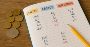 Cuaderno dividido e gastos e inventario, n secciones de ventas, simbolizando el modelo contable por secciones sobre una mesa con monedas nicaragüenses y lápiz, representando control de gastos hormiga.